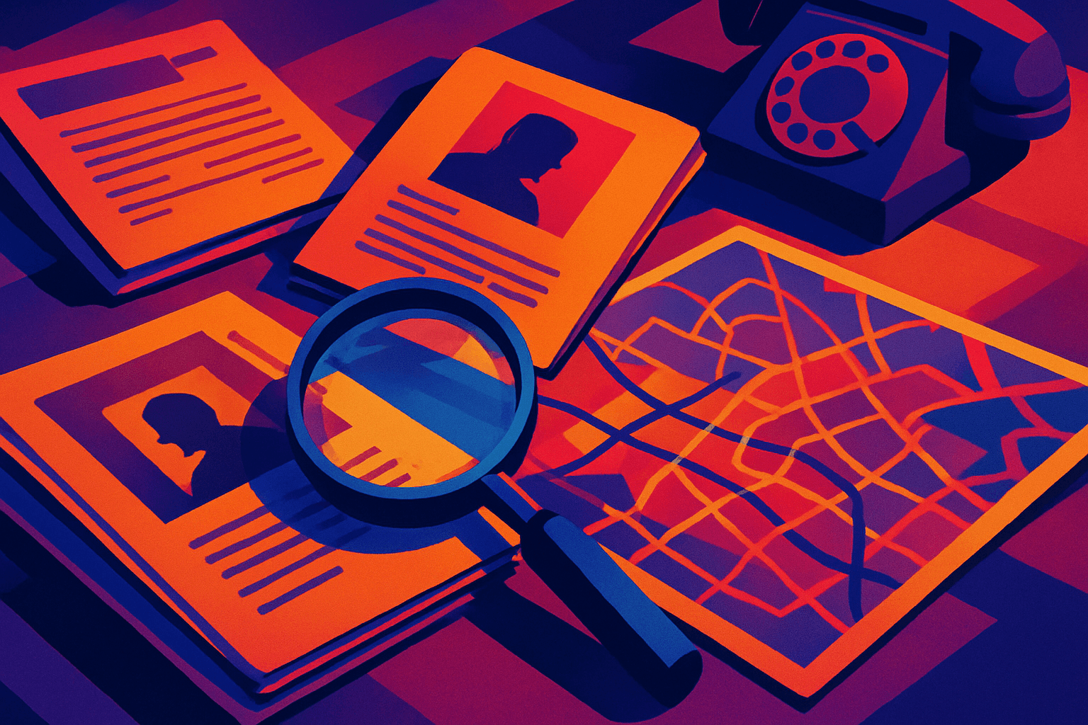 Escritorio de detective con archivos de casos y lupa, destacando una jugabilidad inmersiva.