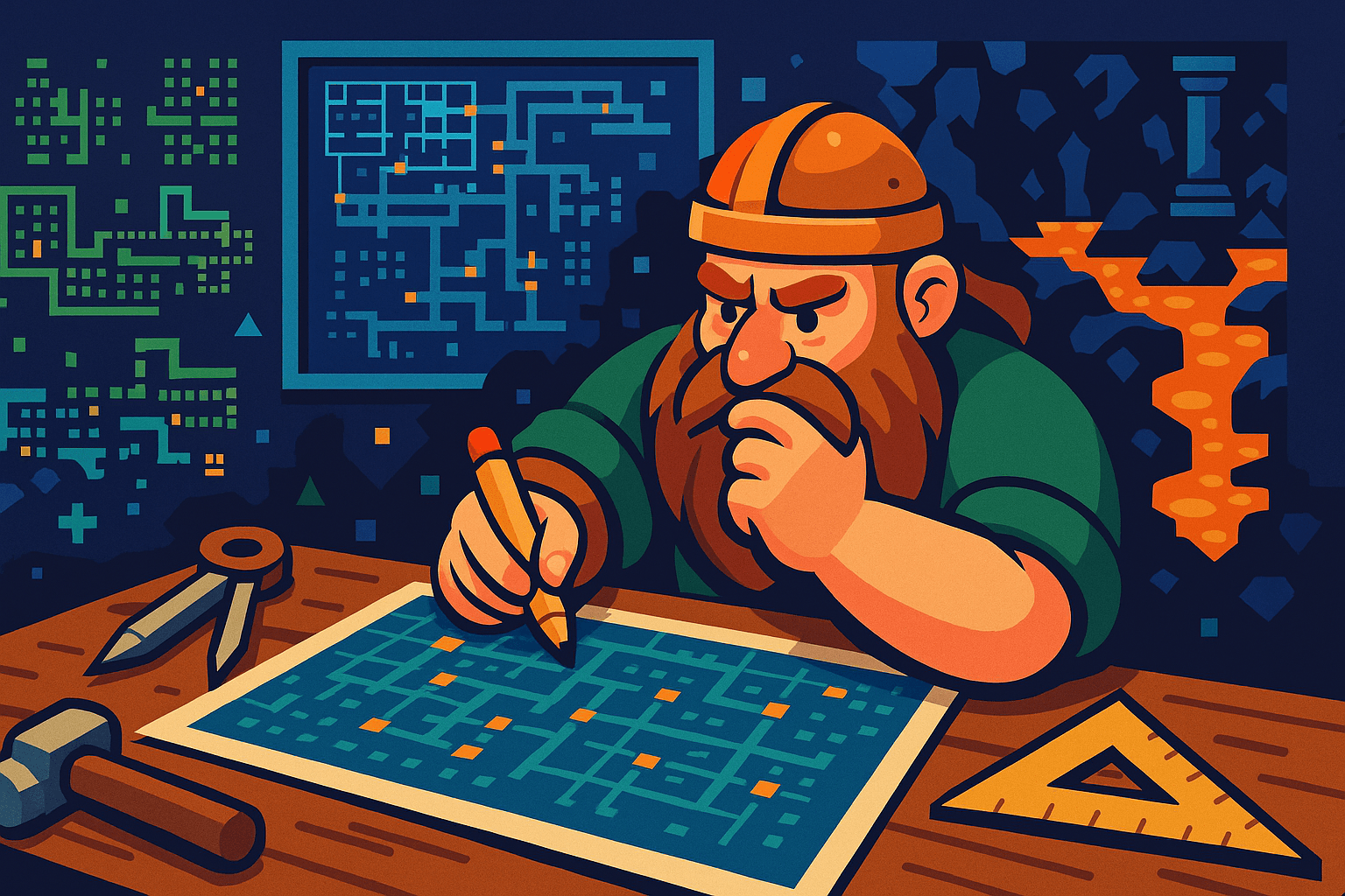 A dwarf planning an underground fortress expansion