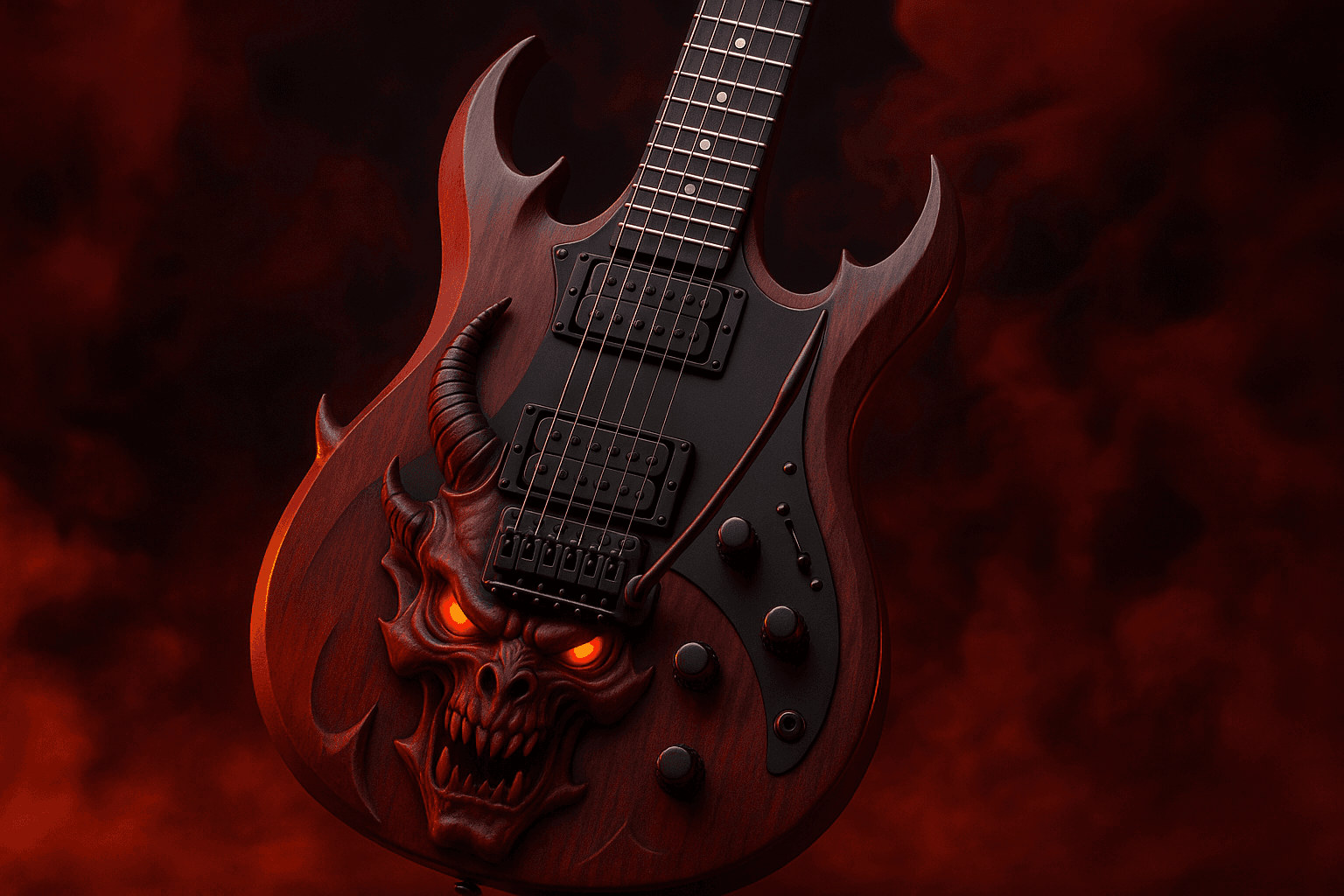 Electric guitar with demonic decor for Doom's heavy metal soundtrack