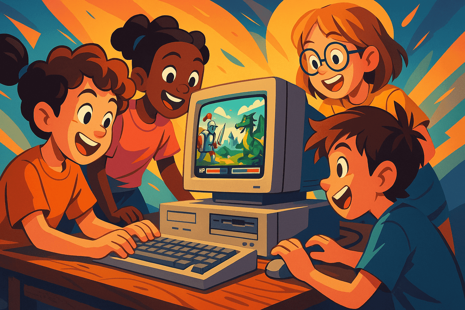 Niños reunidos alrededor de una computadora DOS jugando un juego clásico de RPG.