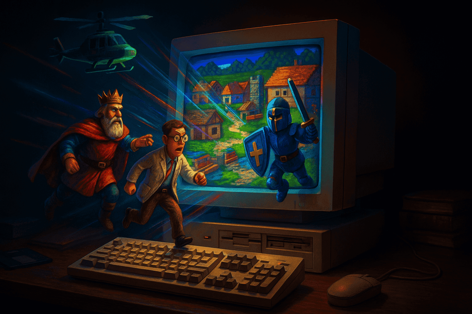 Personajes clásicos de juegos de DOS emergiendo de una pantalla de computadora vintage.