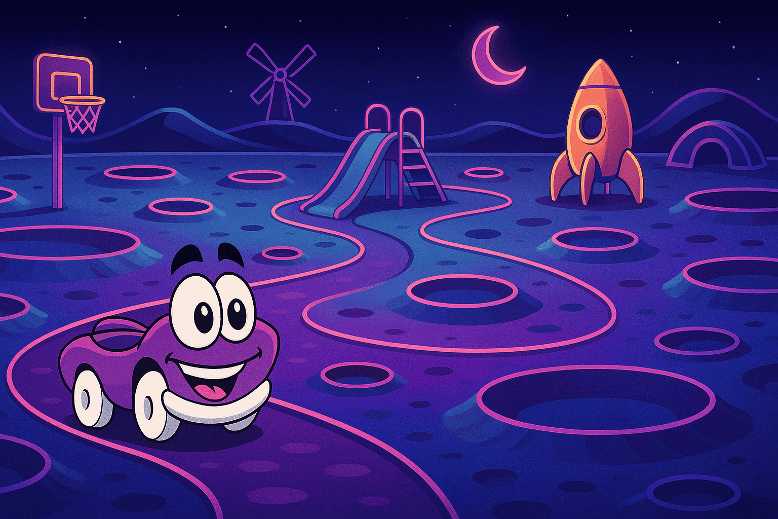Putt-Putt explorando la luna en un entorno interactivo colorido.