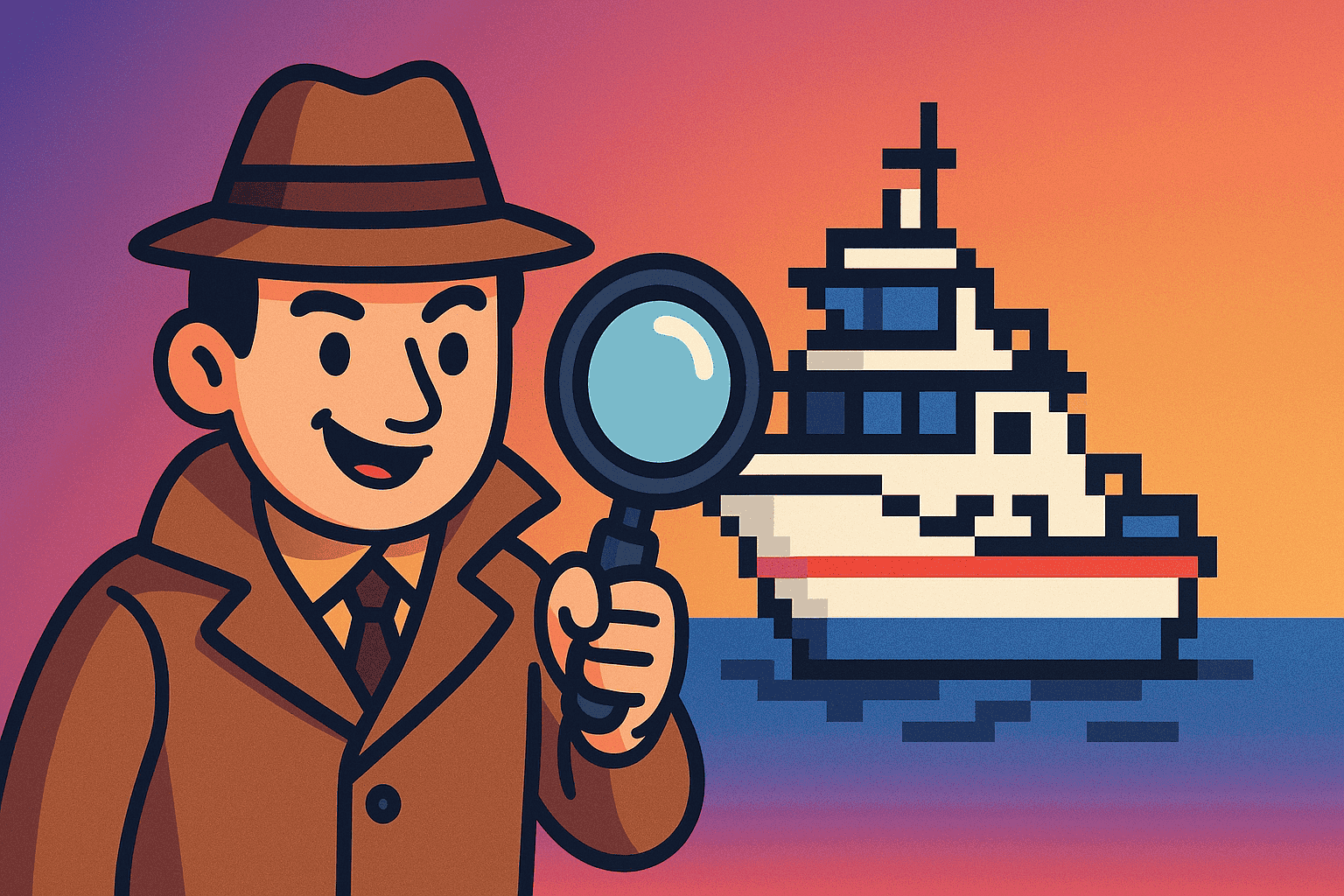Detective examinando pistas en un yate en estilo de arte en píxeles.