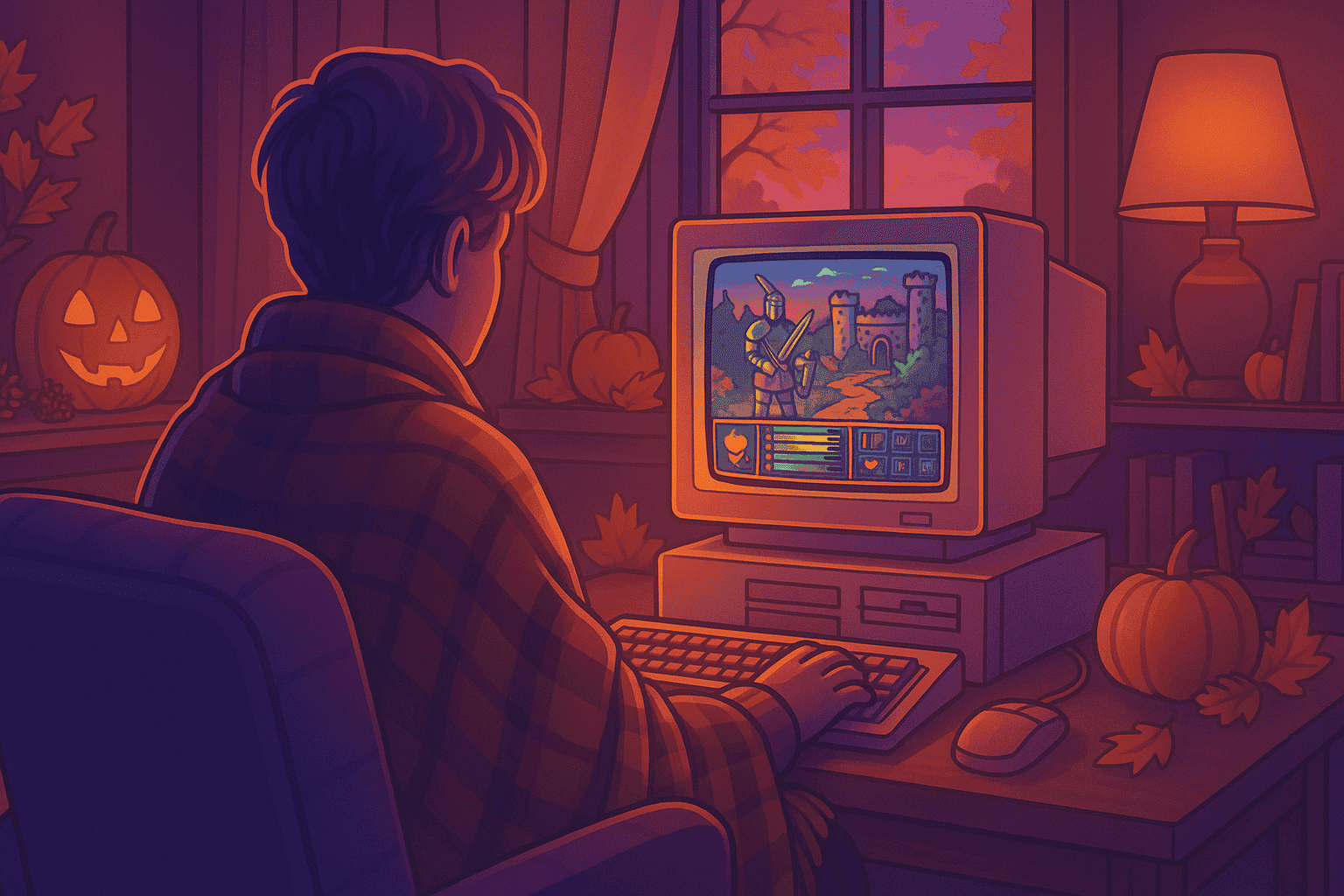 Un jugador disfrutando de un juego de DOS en una habitación acogedora con temática otoñal.