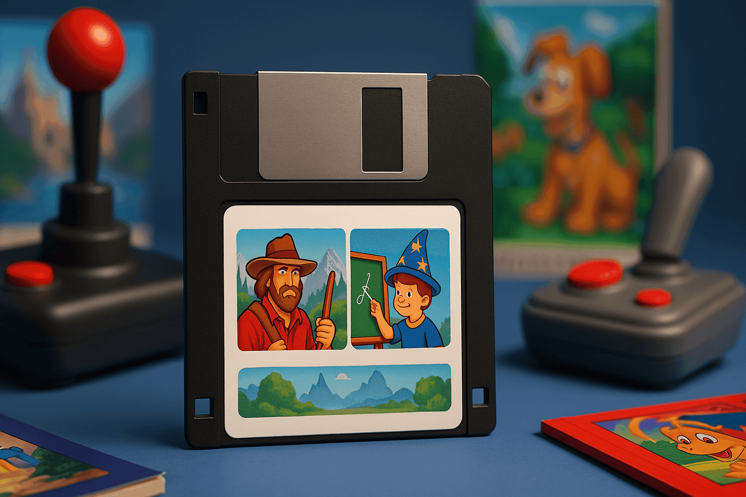 Disquete vintage de Sierra On-Line con artículos de juegos de los 90.