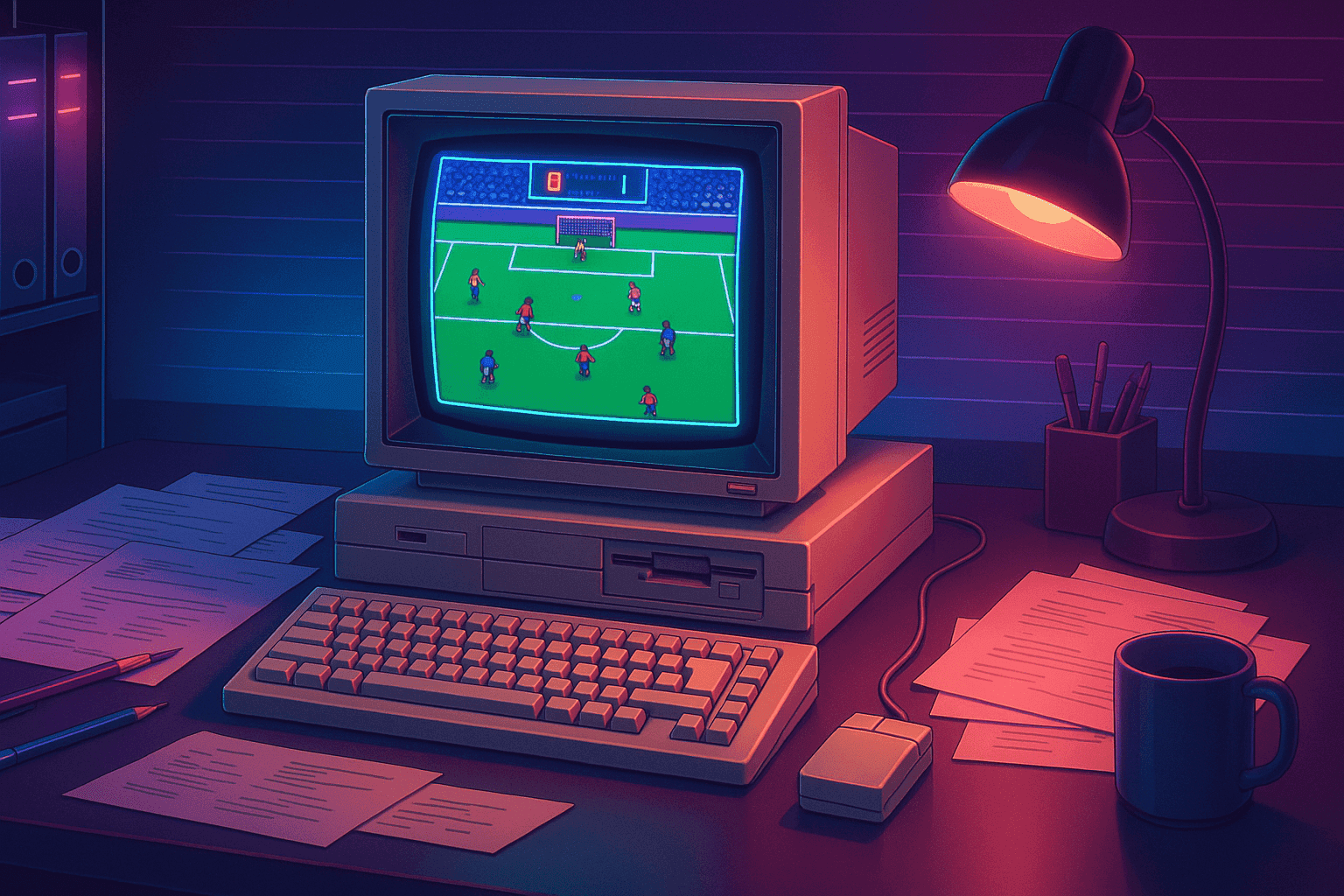Vintage office setup with a paused DOS game on screen.