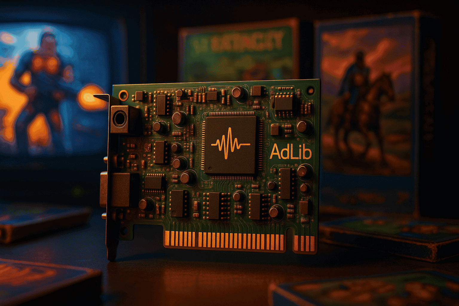 Vintage AdLib sound card with CRT monitor and DOS game backdrop