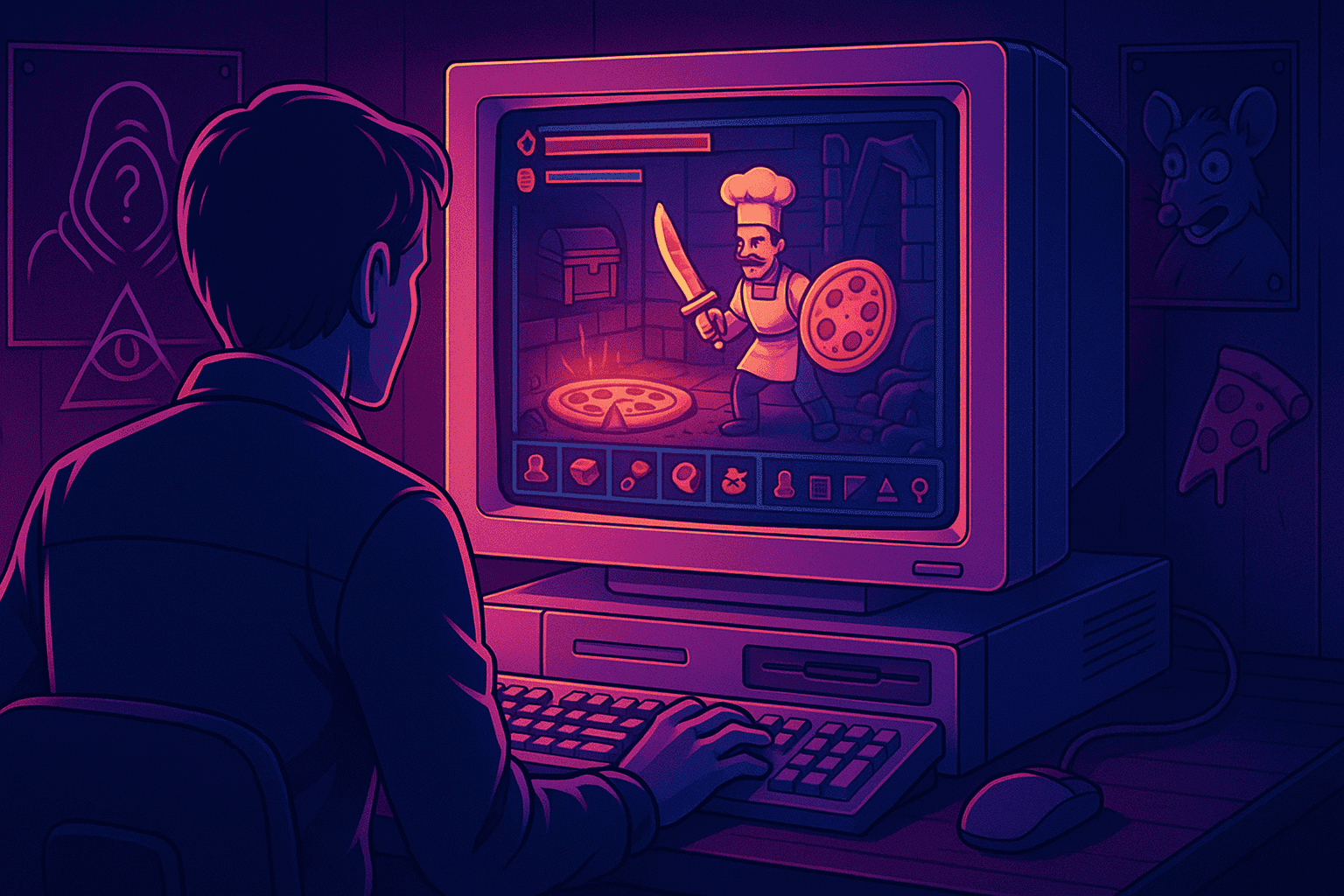 Jugador explorando secretos en Pizza Tycoon en una computadora vintage.