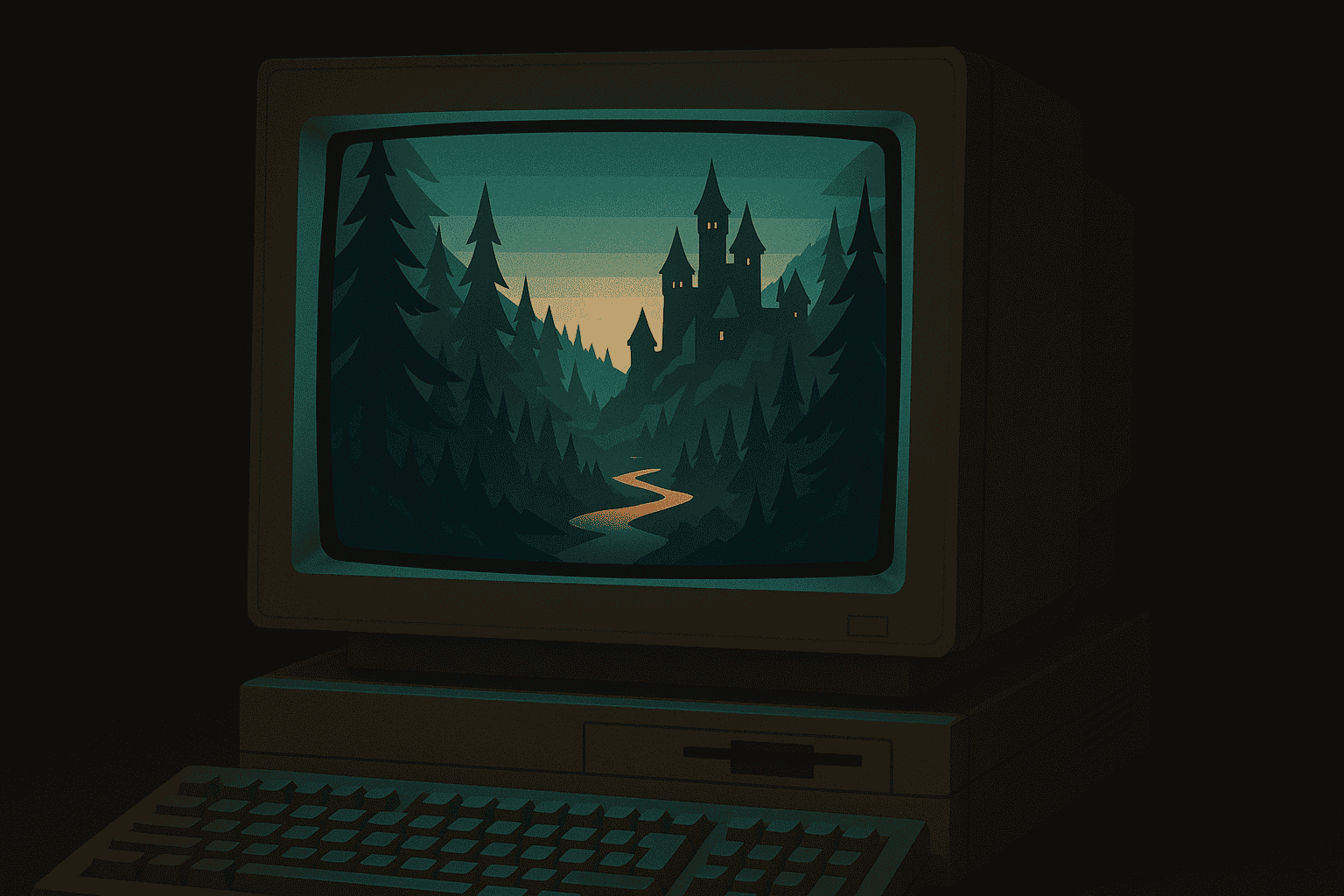 A glowing vintage computer screen displaying an atmospheric DOS game scene.