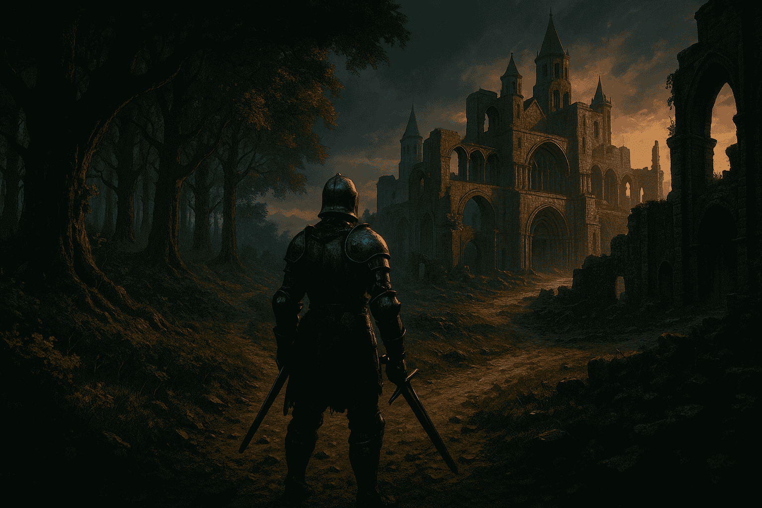 A medieval explorer in armor at a forest crossroads in Darklands.