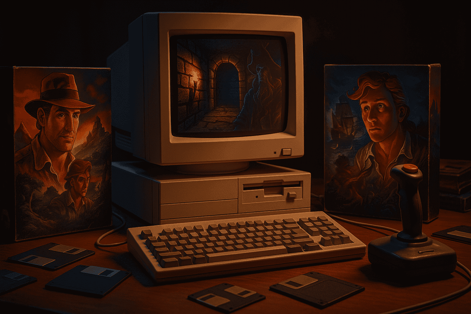 Computadora vintage con cajas de juegos de Sierra y LucasArts.