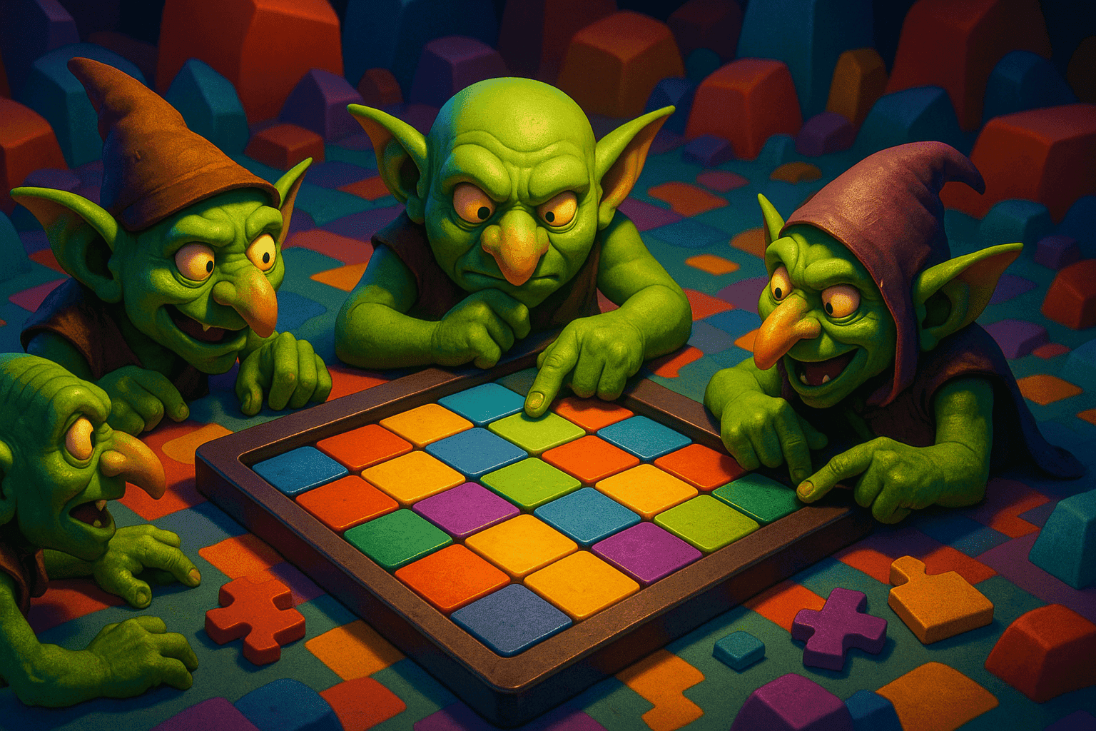 Cartoon goblins solving puzzles in a whimsical environment.
