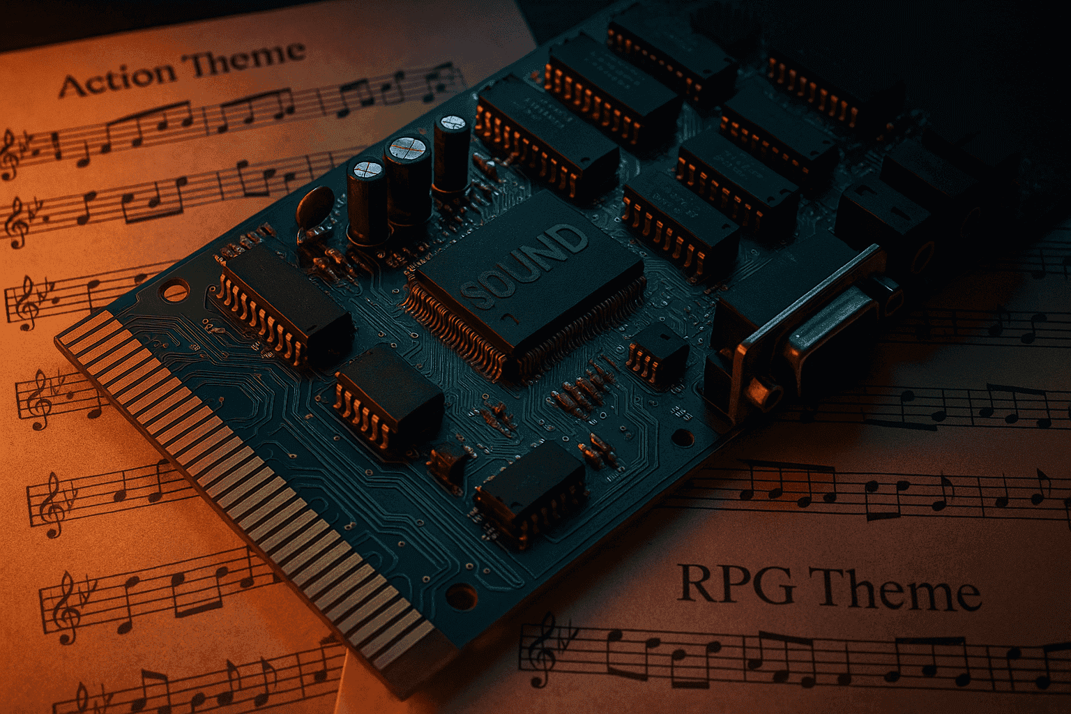 Primer plano de una tarjeta de sonido Sound Blaster vintage y partituras musicales.