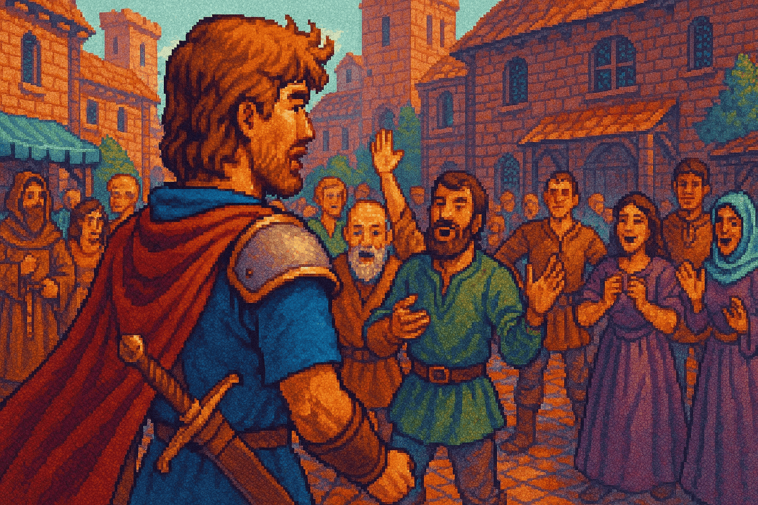 Pixel art of a medieval fantasy character in a town square with interactive NPCs.