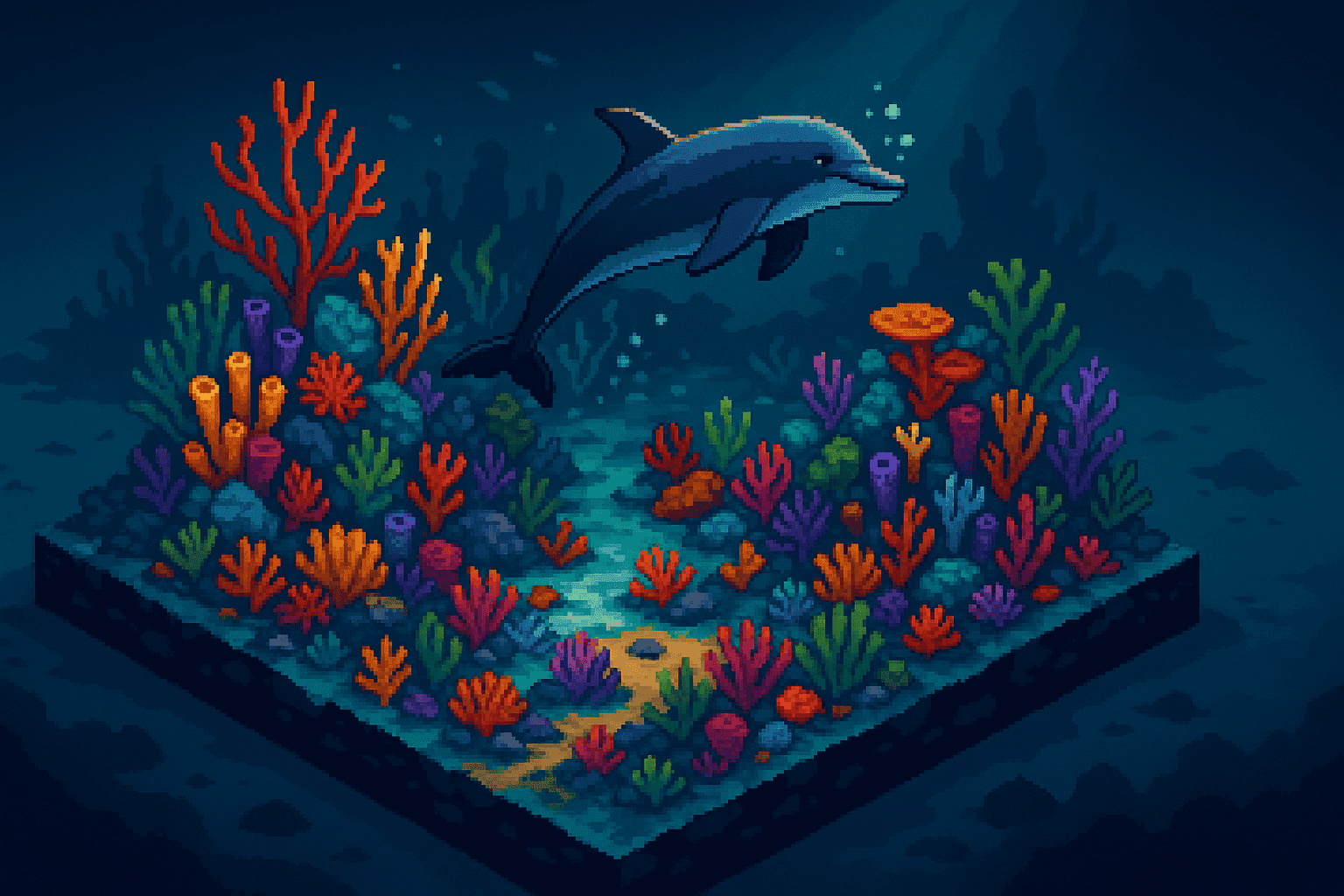 Underwater adventure with dolphin and coral in EcoQuest.