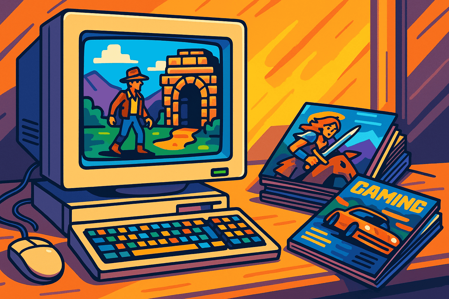 Old computer screen with DOS game and gaming magazines