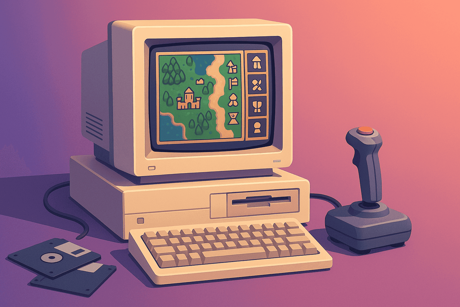 Vintage computer setup with a DOS game running