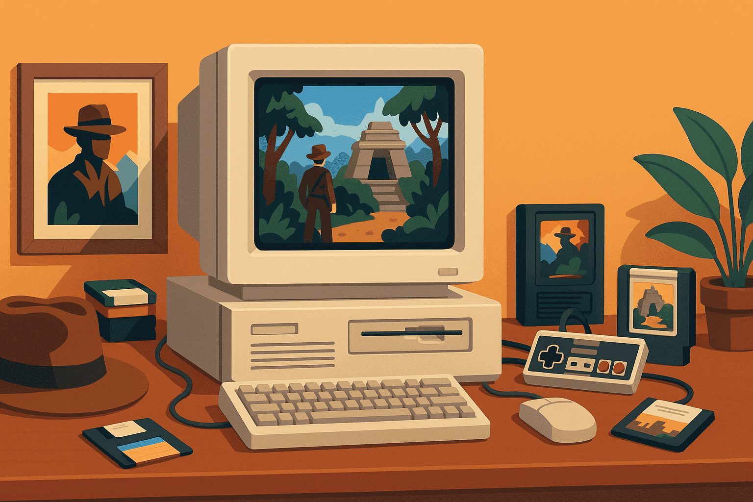 Vintage computer setup with DOS game running
