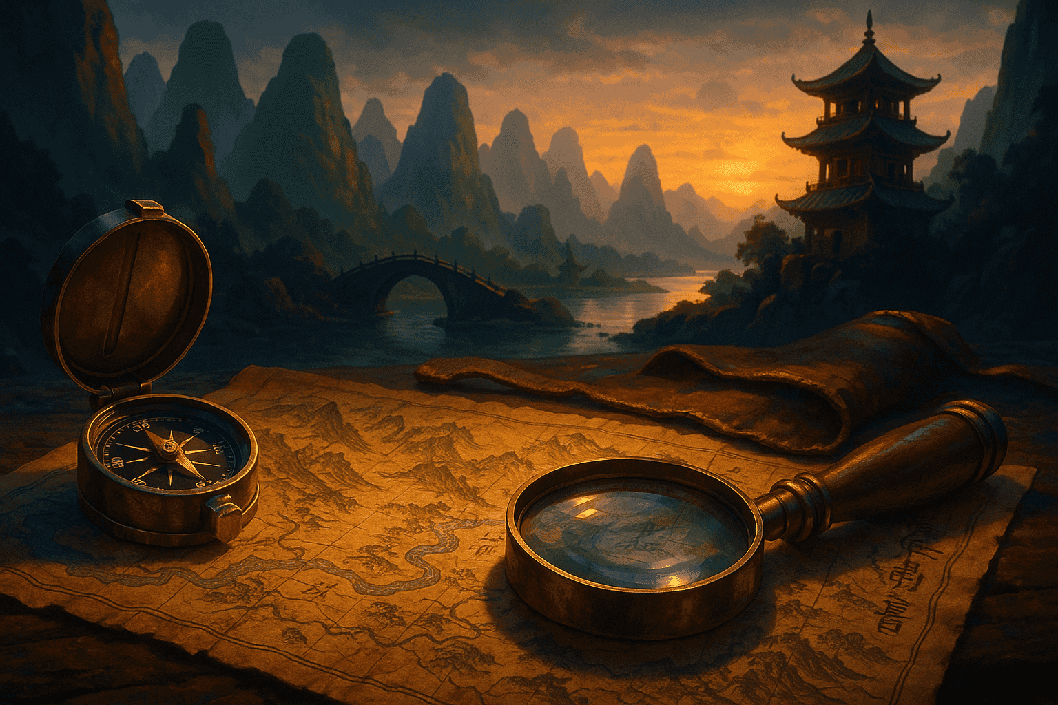 Vintage adventurer's toolkit with a map and compass in ancient China.