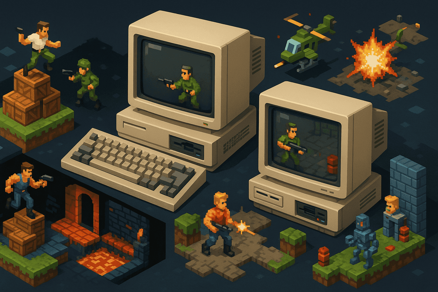 Collage of iconic elements from classic DOS games.