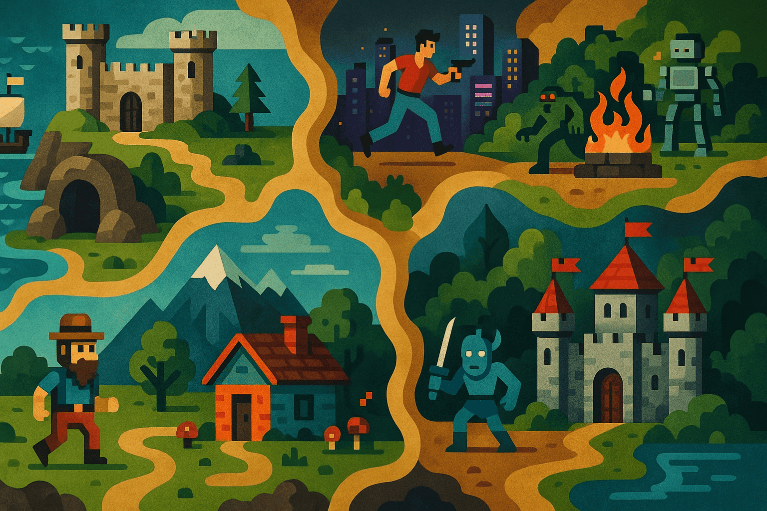 Illustrated map of DOS game worlds with diverse themes.