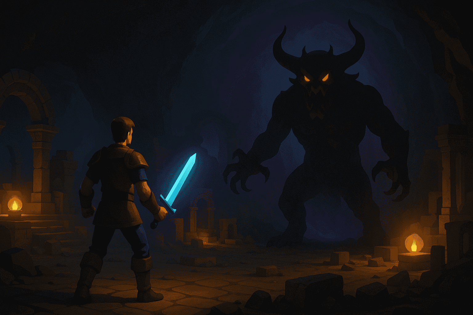Avatar confronting a demon in a mystical underground cavern