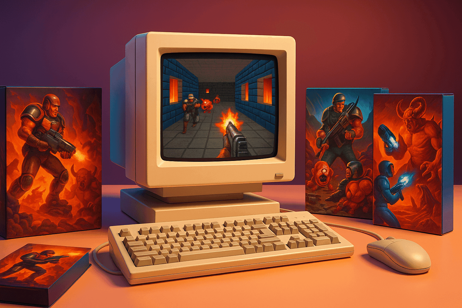 Configuración de juegos retro con cajas de juegos DOS de los años 90 y un monitor CRT que muestra jugabilidad en pixel art.