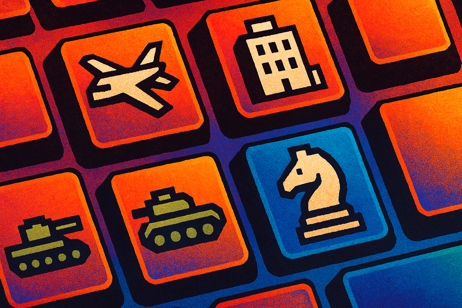 Un teclado de computadora retro con íconos de juegos pixelados, simbolizando la evolución de UI/UX en juegos de DOS.