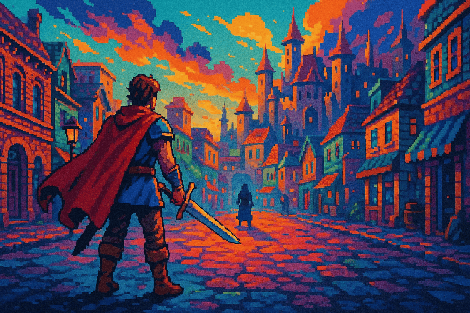 Paisaje urbano pixelado de un juego de DOS.