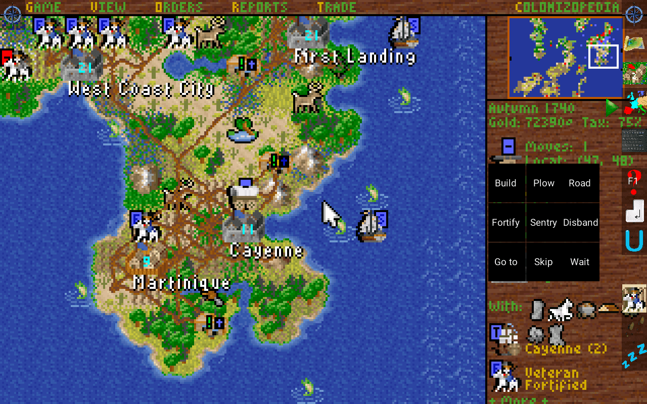 Gameplay screen of Sid Meier's Colonization (1/8)
