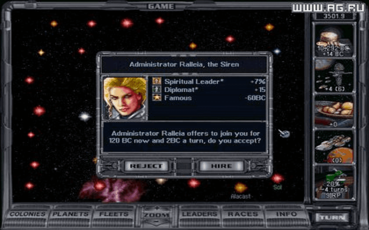 Gameplay screen of Master of Orion II: Battle at Antares (5/8)