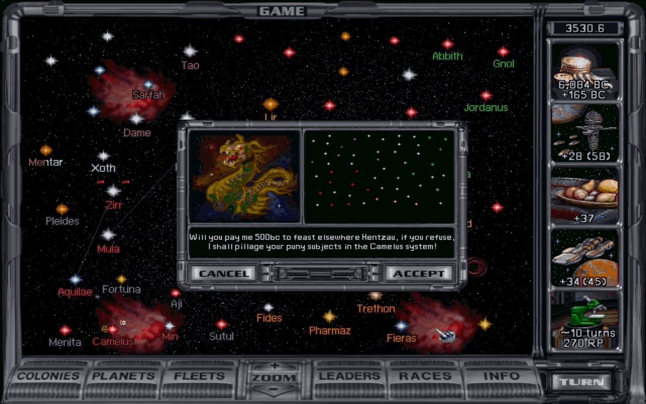 Gameplay screen of Master of Orion II: Battle at Antares (3/8)