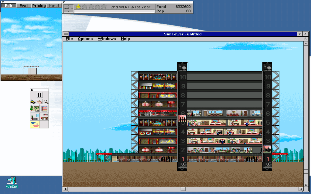 Gameplay screen of SimTower: The Vertical Empire (2/8) Gameplay screen of SimTower: The Vertical Empire (2/8)