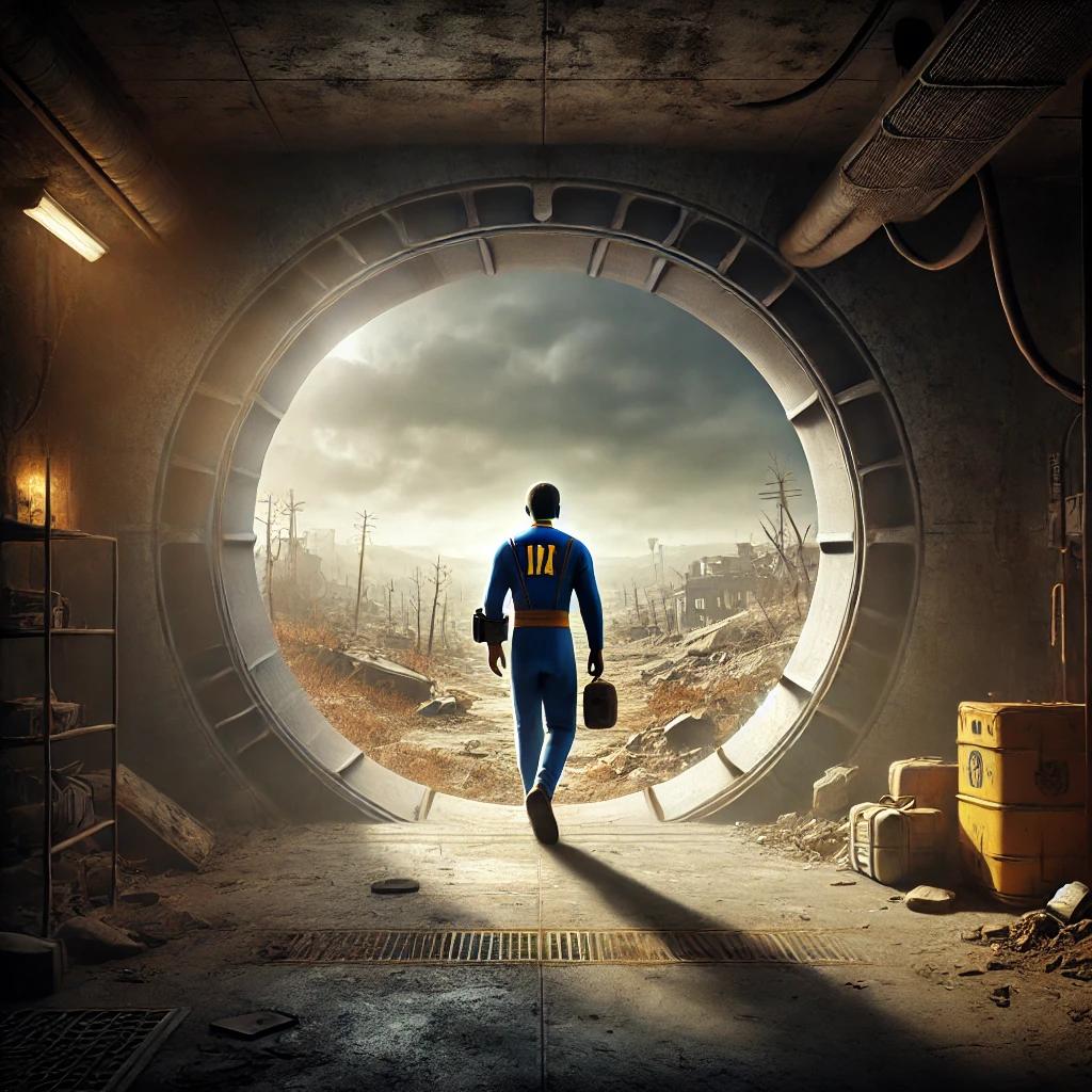 A scene of a lone Vault Dweller stepping out from a dimly lit vault door into a desolate wasteland. A scene of a lone Vault Dweller stepping out from a dimly lit vault door into a desolate wasteland.