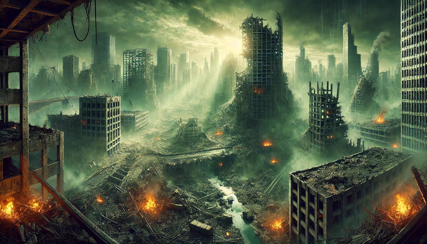Post-Apocalyptic Skyline: A panoramic view of a ruined city skyline with collapsed buildings and eerie, irradiated light. Post-Apocalyptic Skyline: A panoramic view of a ruined city skyline with collapsed buildings and eerie, irradiated light.