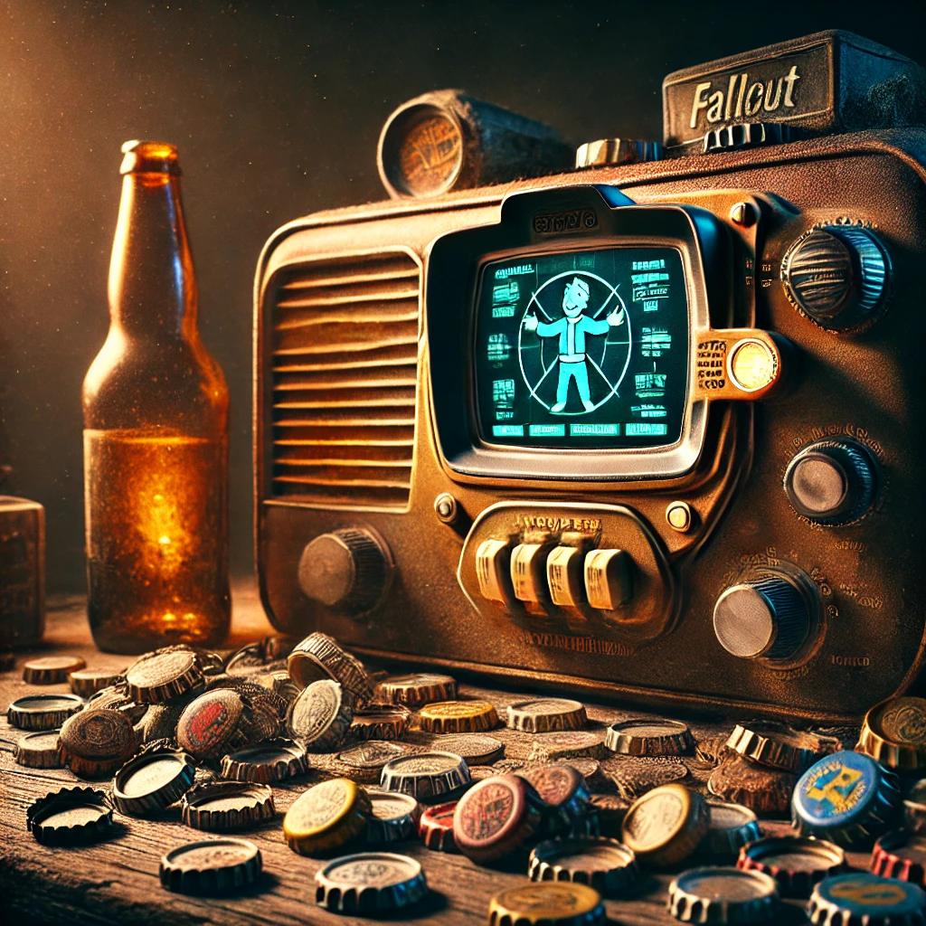 A still-life arrangement of a Pip-Boy device, an old radio, and scattered bottle caps, emphasizing Fallout’s retro aesthetic. A still-life arrangement of a Pip-Boy device, an old radio, and scattered bottle caps, emphasizing Fallout’s retro aesthetic.