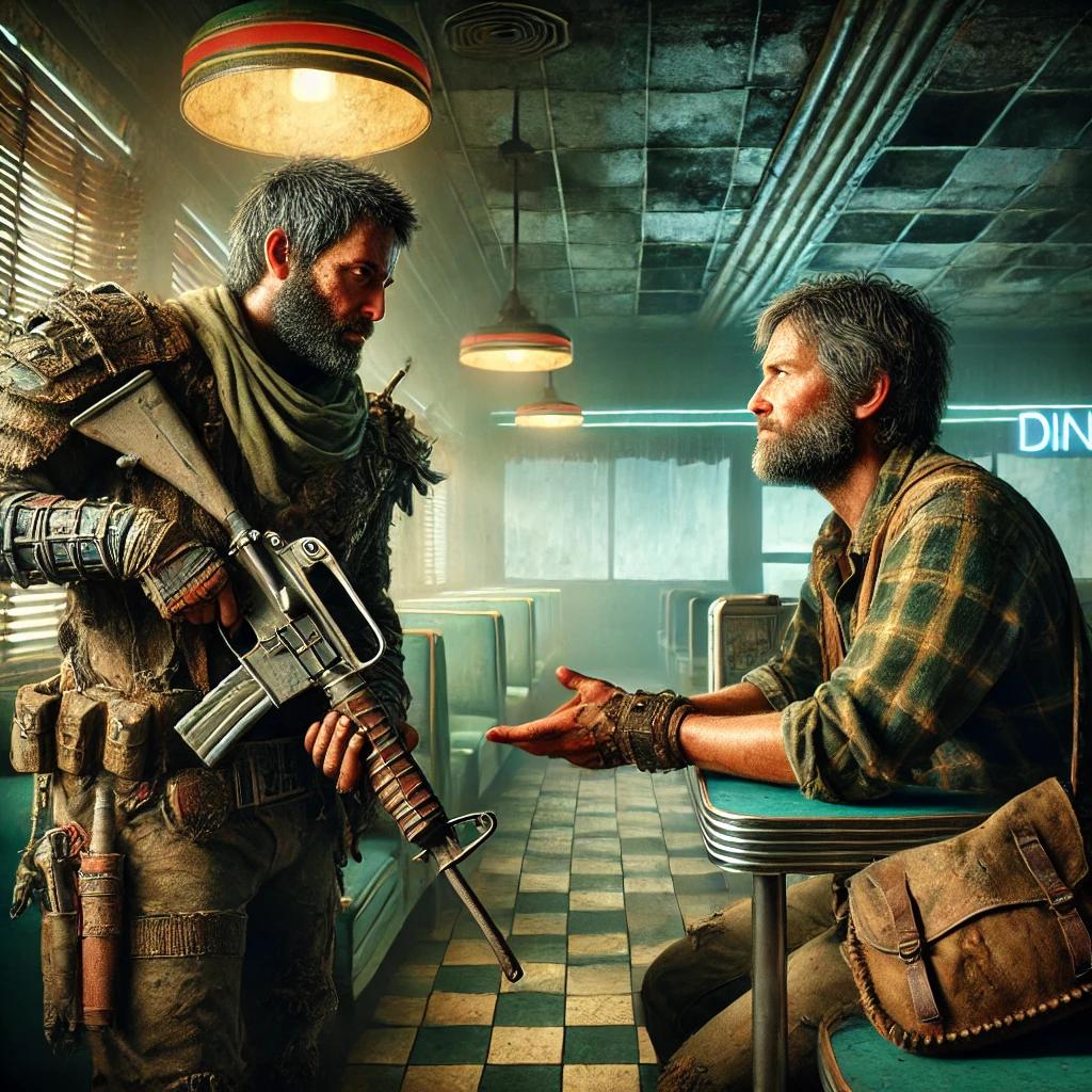 Two wasteland survivors engaged in tense conversation, portraying the game’s moral and social dimensions. Two wasteland survivors engaged in tense conversation, portraying the game’s moral and social dimensions.