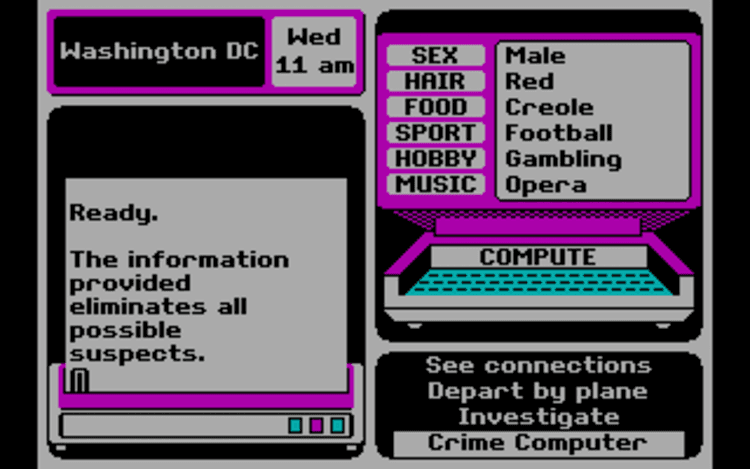 Gameplay screen of Where in the U.S.A. Is Carmen Sandiego? (2/4) Gameplay screen of Where in the U.S.A. Is Carmen Sandiego? (2/4)