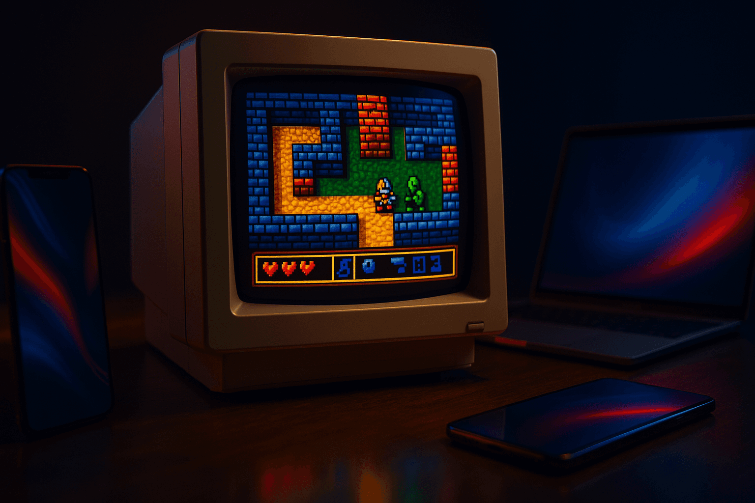 Vintage computer monitor displaying a classic DOS game. Vintage computer monitor displaying a classic DOS game.