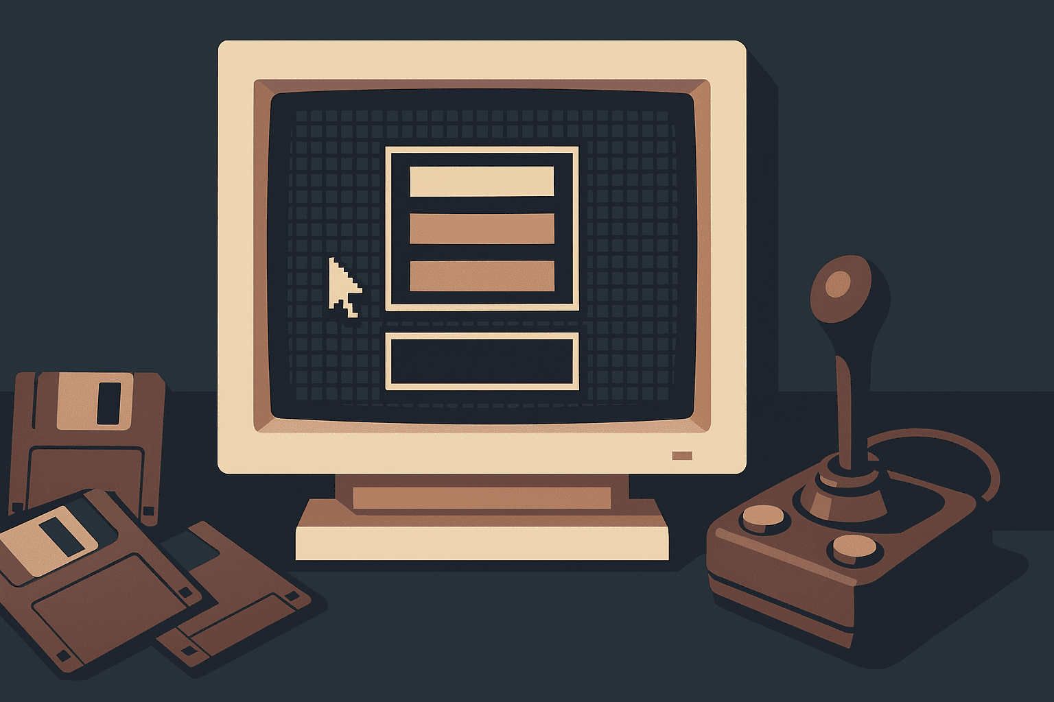Old DOS game menu on a CRT monitor with retro gaming items Old DOS game menu on a CRT monitor with retro gaming items