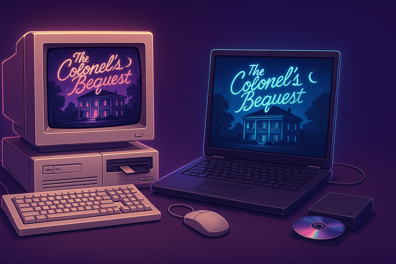 A vintage and modern computer displaying The Colonel's Bequest title screen. A vintage and modern computer displaying The Colonel's Bequest title screen.