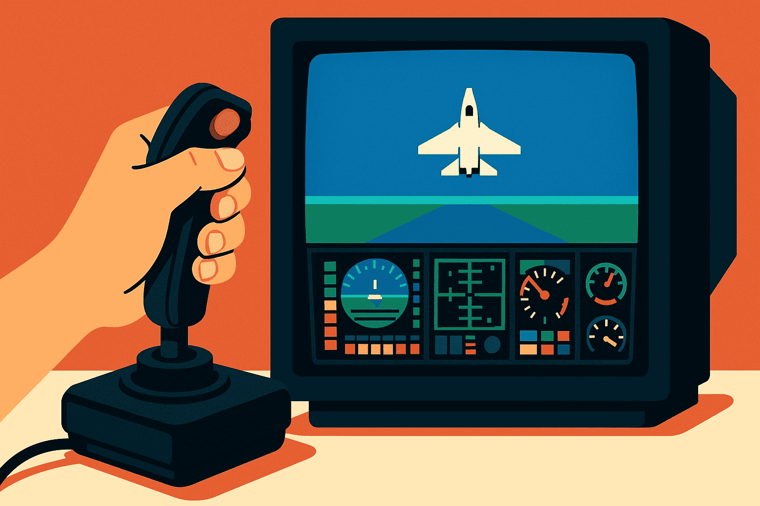 Player using a vintage joystick with a flight simulator in the background Player using a vintage joystick with a flight simulator in the background
